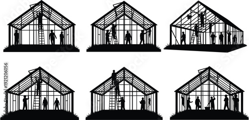 House construction silhouettes set with workers building wooden frame structure, carpenters on ladders assembling roof trusses, black vector illustration isolated on white background