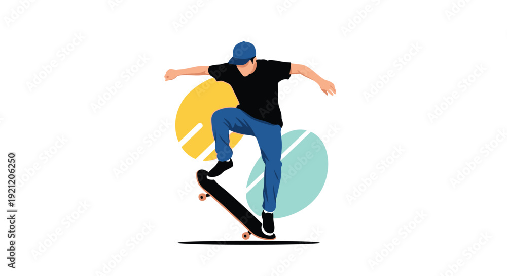 Fototapeta premium Young man in a cap performs a dynamic trick on a skateboard against a background of colorful abstract shapes, representing urban sport.