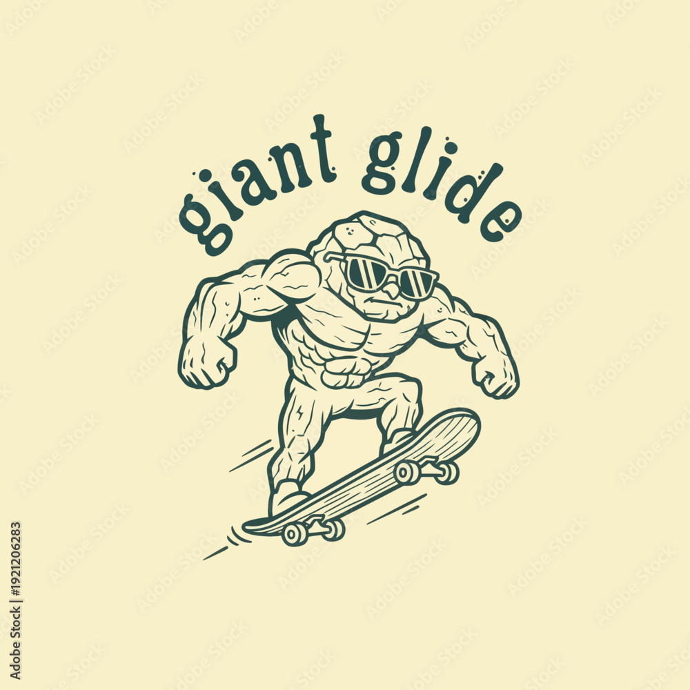 Fototapeta premium Muscular monster skateboarding with sunglasses and text giant glide.