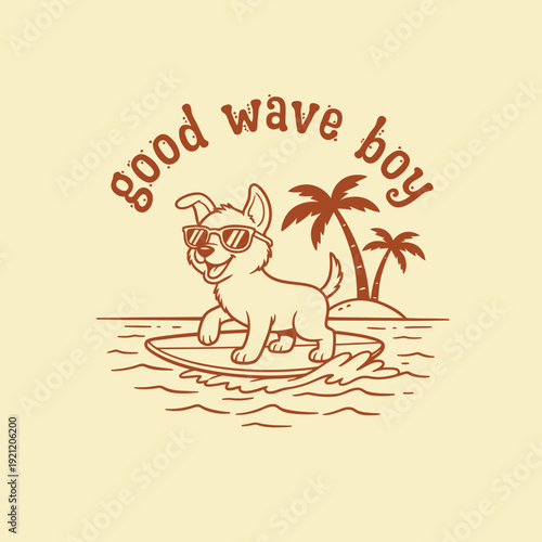 Cute dog wearing sunglasses surfing on a surfboard with palm trees in the background.