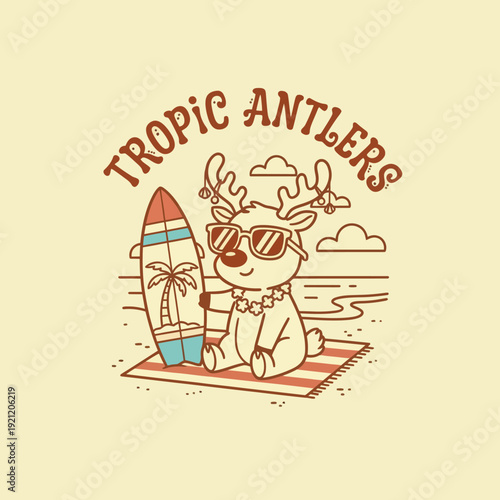 Cute Reindeer with Sunglasses and Surfboard on a Tropical Beach.