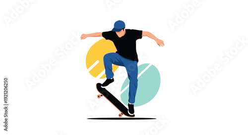 Young man in a cap performs a dynamic trick on a skateboard against a background of colorful abstract shapes, representing urban sport.