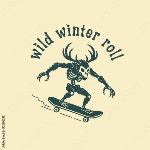 Skeleton with Antlers Skateboarding Wild Winter Roll.