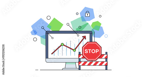 A modern flat-line illustration depicting a computer monitor displaying an upward trending graph, with a stop sign and barrier indicating a halt in progress or a security measure.