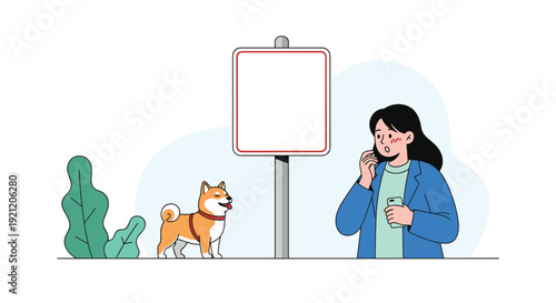 Woman with a surprised expression looking at her phone stands next to a Shiba Inu dog and a blank signpost in a minimalist illustration.