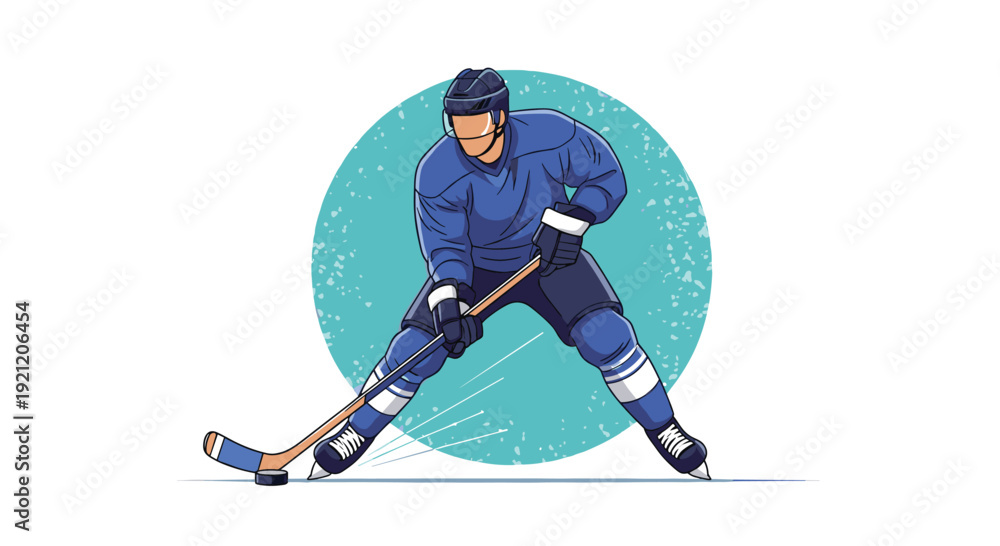 Obraz premium Ice hockey player in a blue uniform and helmet skating with a stick and puck during a game, shown in a dynamic vector illustration.