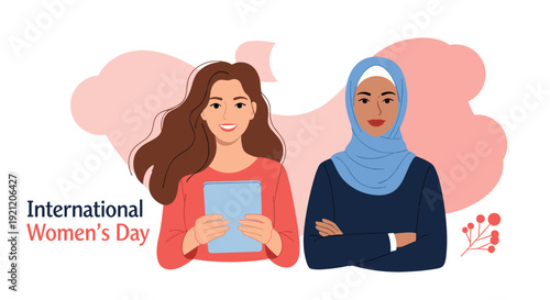 International Women's Day illustration with two confident and diverse women standing together to celebrate female unity and empowerment.