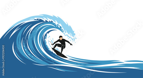 Dynamic illustration of a surfer in a wetsuit skillfully riding inside the tube of a large, curling ocean wave on a white background.