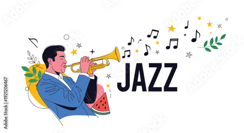 Jazz music concept with a musician playing the trumpet, with musical notes and stars flowing out to create a lively festival poster.