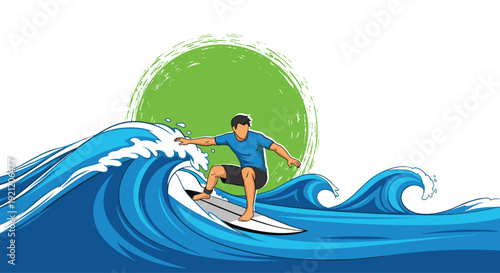 Male surfer riding a large blue ocean wave on a surfboard with a green sun in the background, an illustration of an extreme water sport.