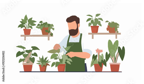 Bearded Man Indoor Gardening Vector Illustration Trimming Houseplants with Shears