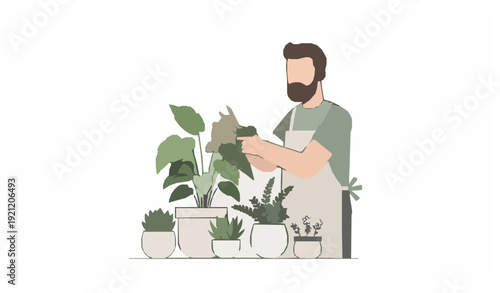 Faceless Bearded Man Pruning Houseplants Indoor Gardening Flat Vector Illustration
