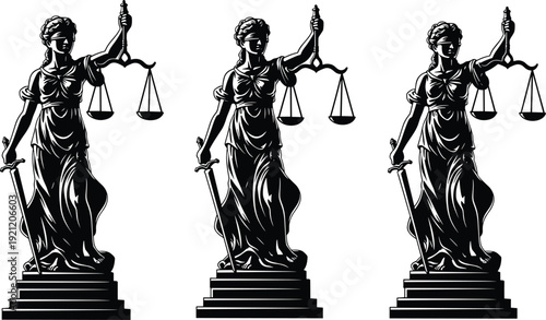 Lady Justice statue silhouettes holding scales and sword, classical legal symbol collection isolated on white background for law and court design
