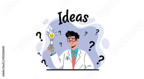 Scientist in a lab coat holding a test tube with a glowing lightbulb inside, symbolizing scientific discovery and creative ideas.