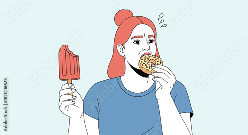 A woman experiencing emotional or stress eating, anxiously consuming a donut and an ice pop at the same time, showing a bad habit.