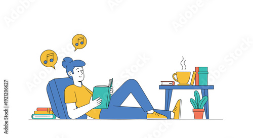 A woman relaxing on the floor while reading a book and listening to music, with a cup of tea and plants on a nearby table.