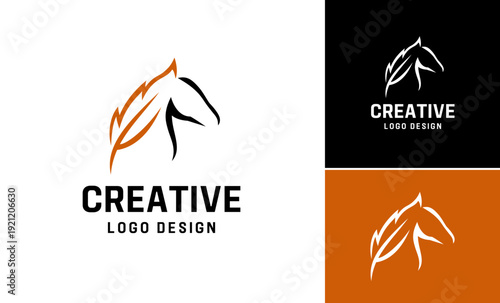 Feather horse animals stylish combined vector logo design concept, Creative silhouette minimalist beautiful equine design