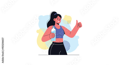 A fit and happy young woman in sportswear holding a water bottle and giving a thumbs up, promoting hydration during exercise.