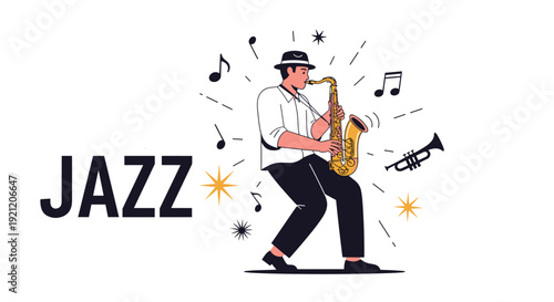 A stylish man in a hat playing the saxophone for a jazz music festival, with musical notes and stars creating a lively atmosphere.