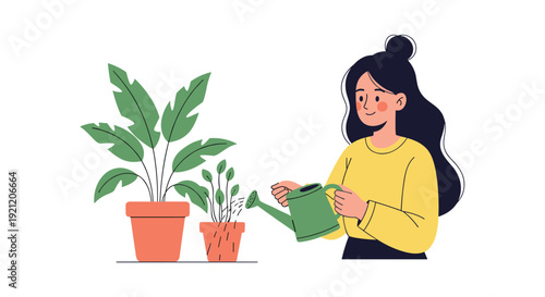 A smiling young woman watering her houseplants with a watering can, representing a love for gardening, nature, and a relaxing hobby.