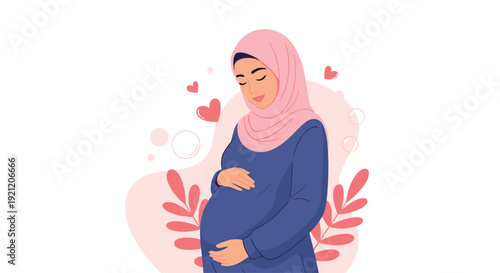 A serene and happy pregnant Muslim woman in a pink hijab holding her belly, surrounded by leaves and hearts, symbolizing maternity.