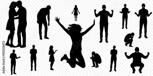 Set of full body silhouettes of people expressing diverse emotions and body language, featuring jumping for joy, despair, hugging couple, and celebrating success isolated