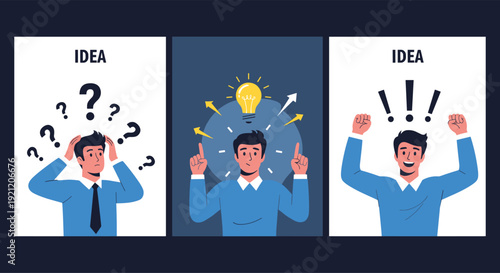 A three-panel illustration of a businessman's thinking process, from confusion and problems to a bright idea and a successful solution.