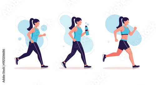A set of illustrations showing a woman's running routine: jogging, taking a water break, and sprinting, for a healthy lifestyle.