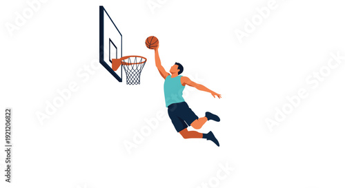A basketball player in mid-air performing a powerful slam dunk, showcasing athleticism and skill in a minimalist vector style.