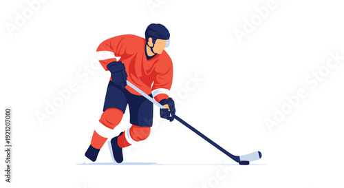 Ice hockey player in full uniform with helmet and skates, dynamically moving across the ice with a stick and puck during a game.