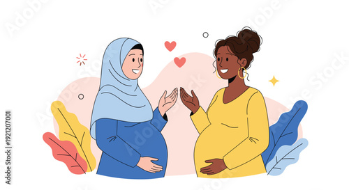 Two happy pregnant women of different ethnicities, one in a hijab and one Black, talking and bonding over their future motherhood.