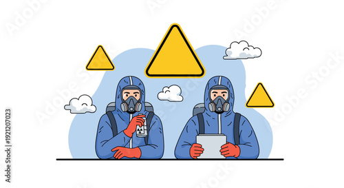 Two professionals in blue hazmat suits, gas masks, and protective gear working in a hazardous area with yellow warning signs.
