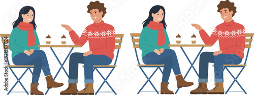 A flat, minimalist illustration of two people sitting at a wooden cafe table with folding metal chairs.