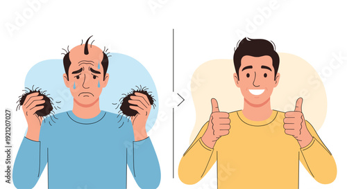 Before and after concept showing a man distressed by hair loss, contrasted with his happy and confident self after successful treatment.