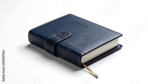 A dark blue, hardbound notebook lays on a white surface with a ribbon bookmark protruding from the blank pages