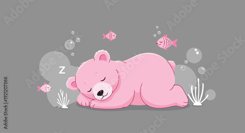 Adorable cartoon pink bear sleeping peacefully underwater among pink fish, bubbles, and seaweed on a simple gray background.