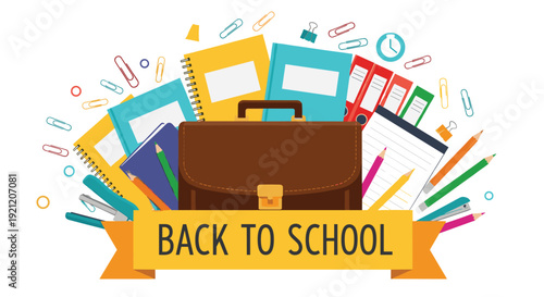 Back to school banner with a collection of colorful school supplies including a briefcase, notebooks, pens, and pencils on white.