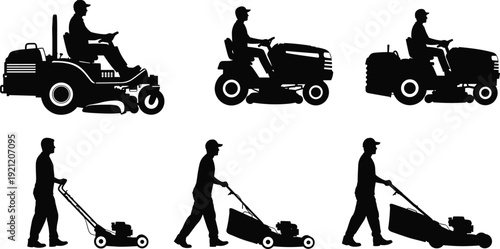 Lawn mower silhouettes set with gardener operating riding and push mowers, landscaping maintenance service vector illustration isolated on white background