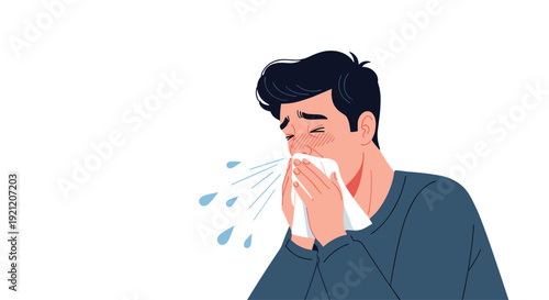 Sick man with a cold, flu, or allergy sneezing and coughing into a tissue to prevent the spread of germs and viruses.