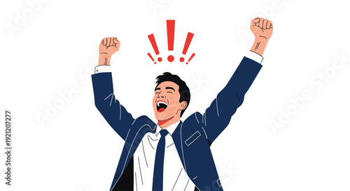 Excited businessman in a suit celebrating a major success or victory, shouting with joy and raising his fists in the air.