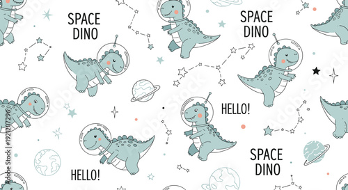 Seamless pattern for kids with cute cartoon dinosaurs in astronaut helmets floating in space with stars, planets, and constellations.