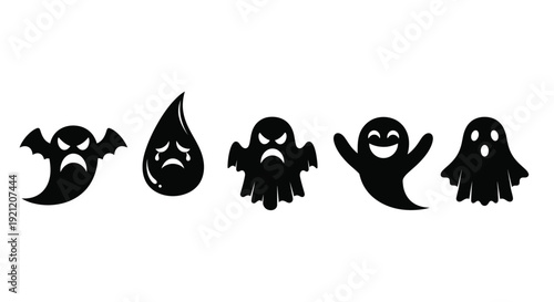 Cute Halloween Ghost and Monster Silhouette Icon Set Spooky Cartoon Characters