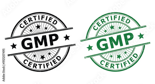 Set of two grunge style certified GMP rubber stamps one in black and one in green isolated on a white background for quality assurance