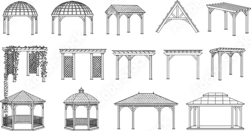 Large collection of vector line art sketches featuring various gazebo designs pergola structures garden pavilions and outdoor wooden architectural canopies for backyard landscape planning