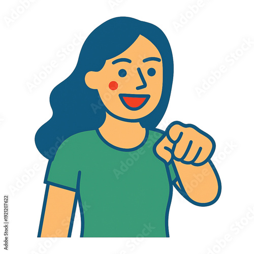 Young adult woman with colorful neon glow pointing forward, expressing confidence, happiness, and motivation in a friendly flat vector icon style