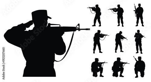 Army soldier silhouette set, military man aiming rifle in multiple action poses isolated on white background vector illustration