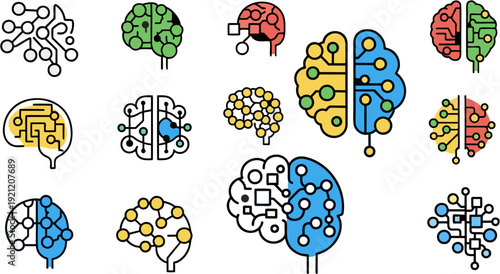 Abstract vector illustrations of digital brains with interconnected circuits, symbolizing artificial intelligence, innovation, data processing, and cognitive technology