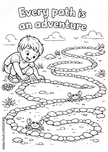 coloring book boy arranging stones along a winding beach path with a curious crab following