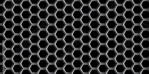 Seamless black metallic hexagon honeycomb pattern with a geometric grid texture and technology-inspired hexagonal cell structure for a modern business backdrop illustration
