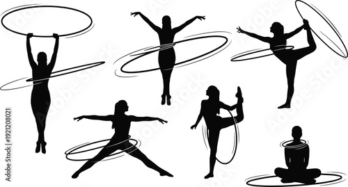 Hula hoop fitness silhouette collection, woman performing rhythmic gymnastics and dance poses isolated on white background vector set